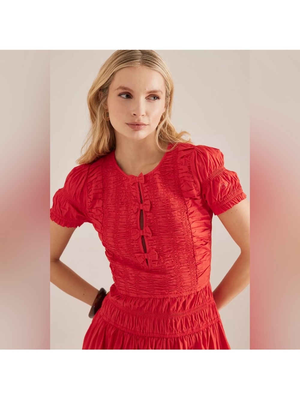 Damson Madder Red Midi Smocked Puff Sleeve Dress New With Tags - Picture 2 of 4